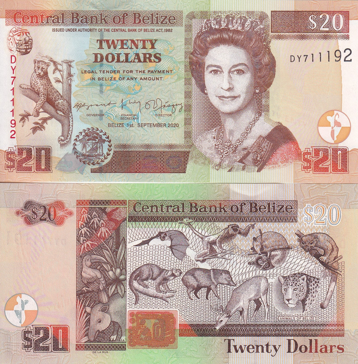 Belize 20 Dollars 2020 P 69 g NEW Date & Sign QEII UNC
