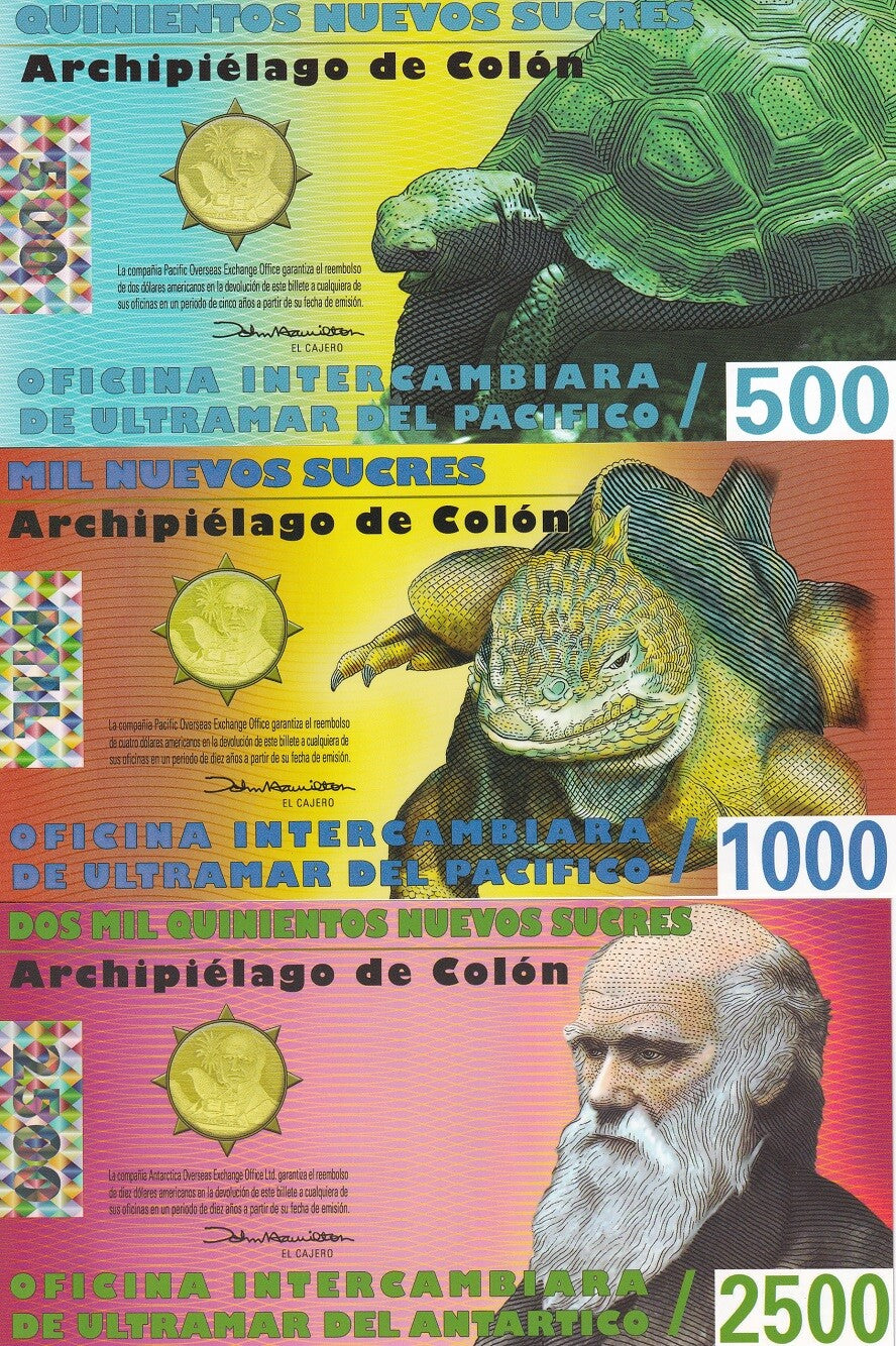 Galapagos Islands Set 3 Wildlife Banknotes 500 1000 2500 2009 - 2012 FANTASY