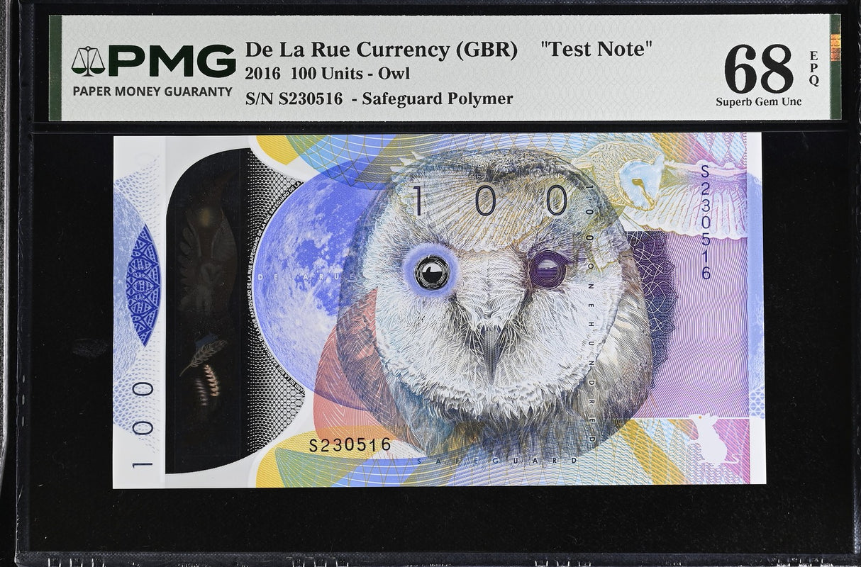 TEST NOTE DE LA RUE TDLR 100 Units 2016 Polymer OWL Superb Gem UNC PMG 68 EPQ