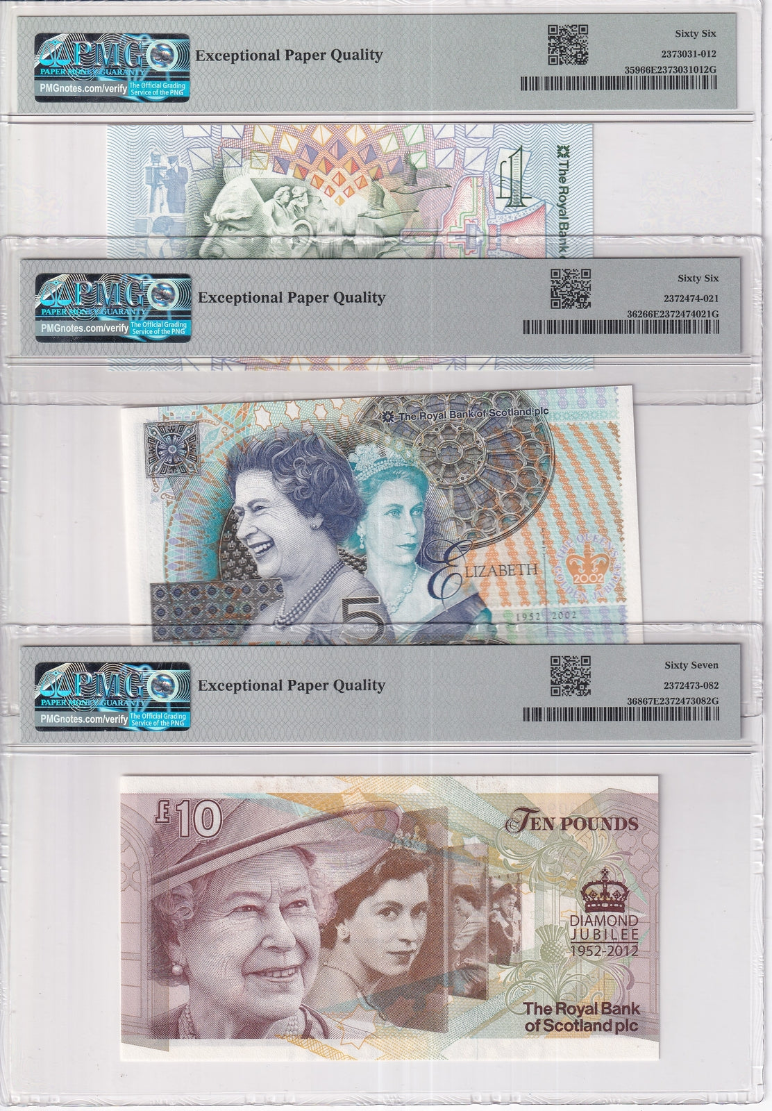 Scotland Set 3 ;1 5 10 Pounds 2012 P 368 Comm. Superb Gem UNC PMG 66 67 EPQ