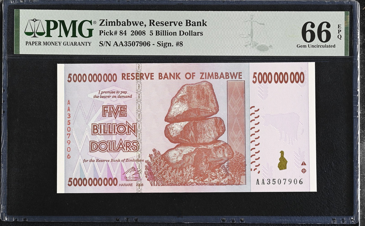 Zimbabwe 5 Billion Dollars 2008 P 84 Gem UNC PMG 66 EPQ
