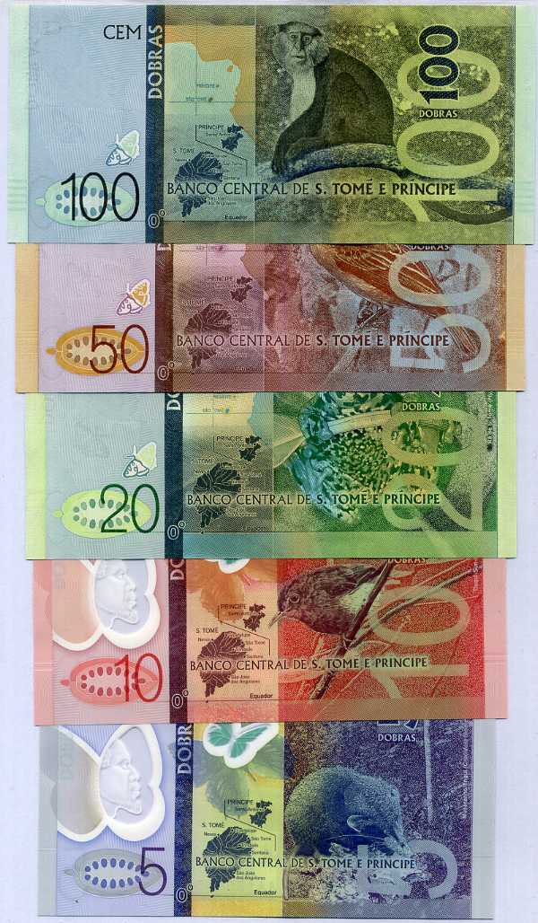 Saint Thomas & Prince Set 5 UNC 5 10 20 50 100 Dobras 2016 P 70 - 74 Sao Tome