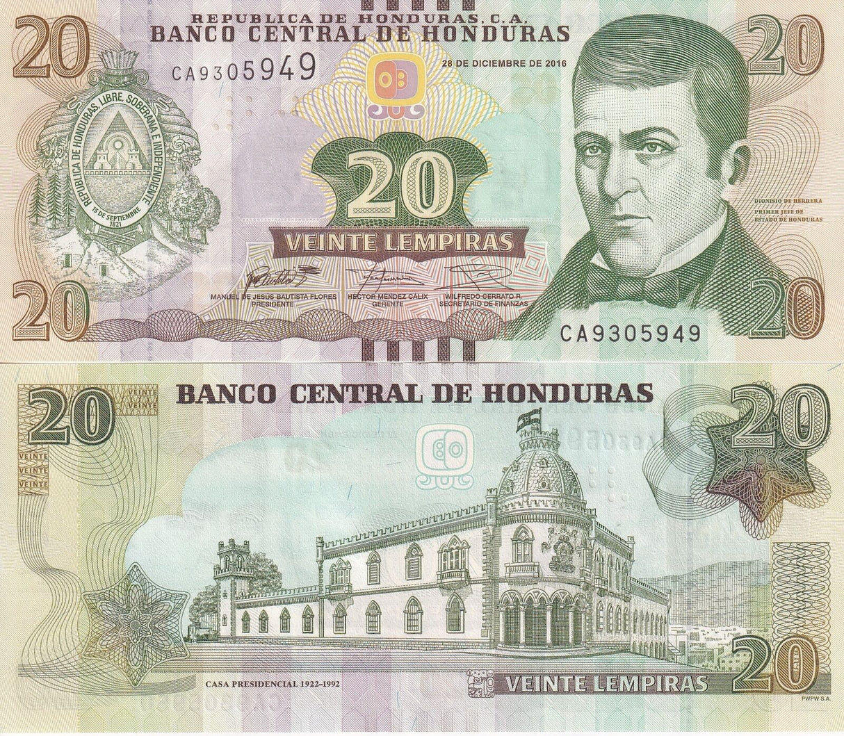 Honduras 20 Lempiras 2016 P 100 UNC