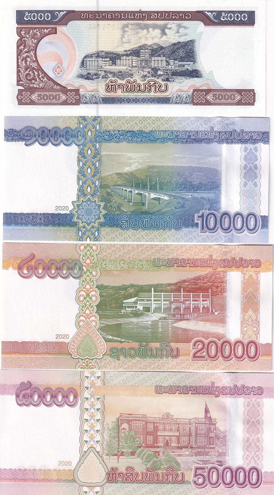 Laos Set 4 Pcs 5000 10000 20000 50000 Kip 2020/ 2022 P 41Aa-41Da UNC
