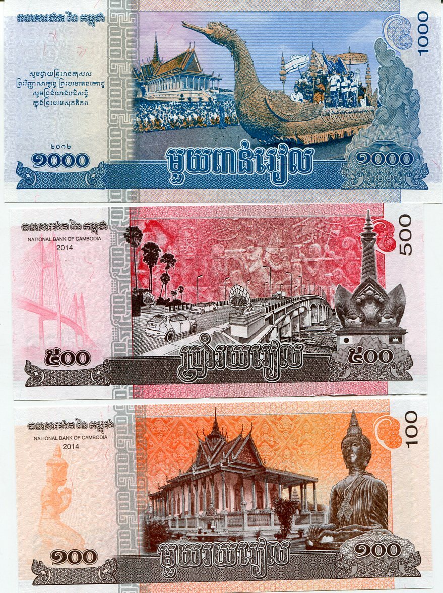 Cambodia Set 3 Pcs 100 500 1000 Riels 2013-2015 P 63 65 66 UNC