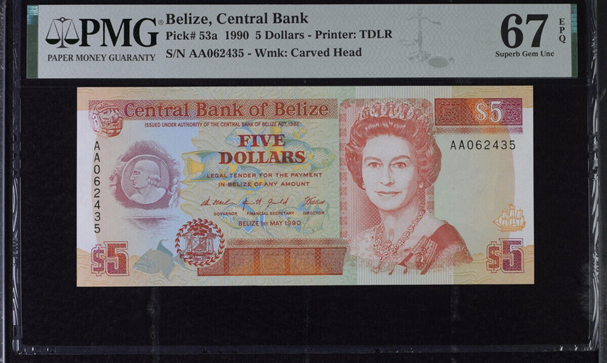 BELIZE 5 Dollars 1990 P 53 a Superb Gem UNC PMG 67 EPQ TOP POP