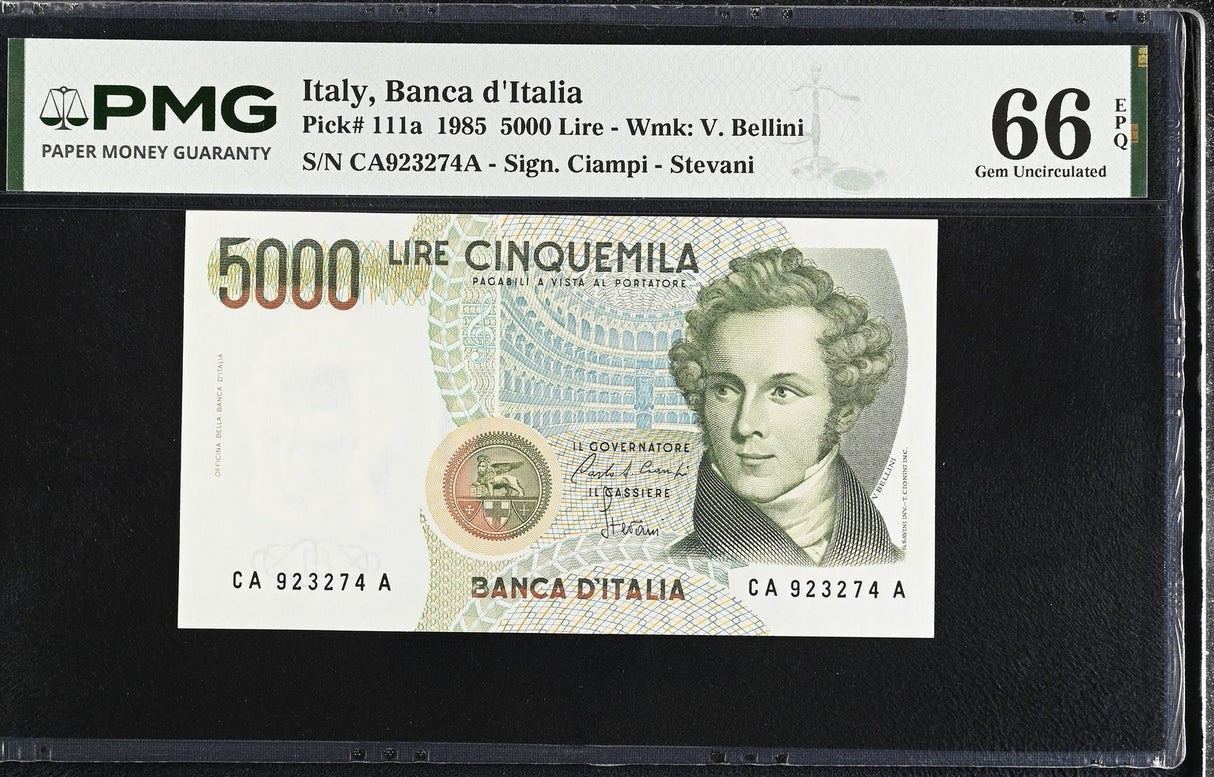 Italy 5000 Lire 1985 P 111 a Gem UNC PMG 66 EPQ