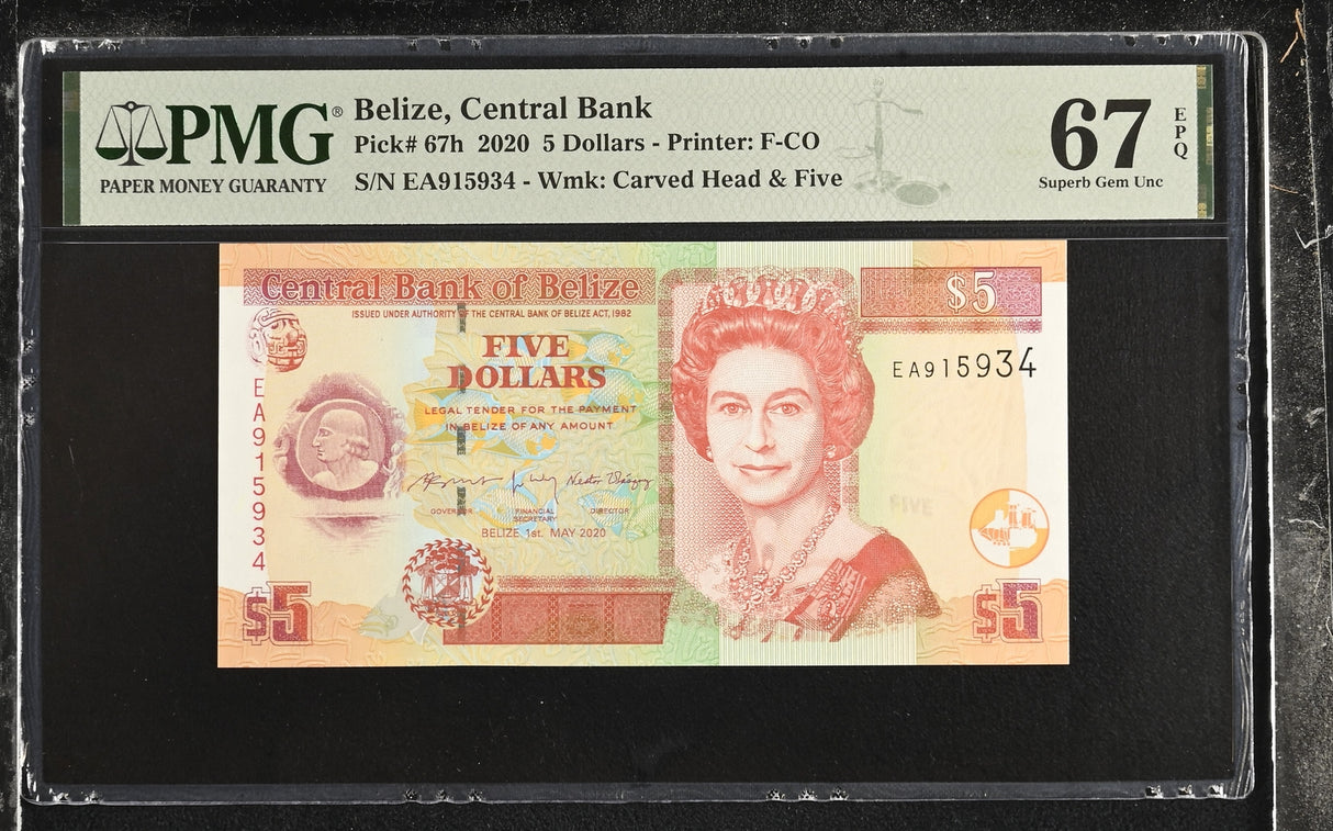 Belize 5 Dollars 2020 P 67 h Superb Gem UNC PMG 67 EPQ TOP POP