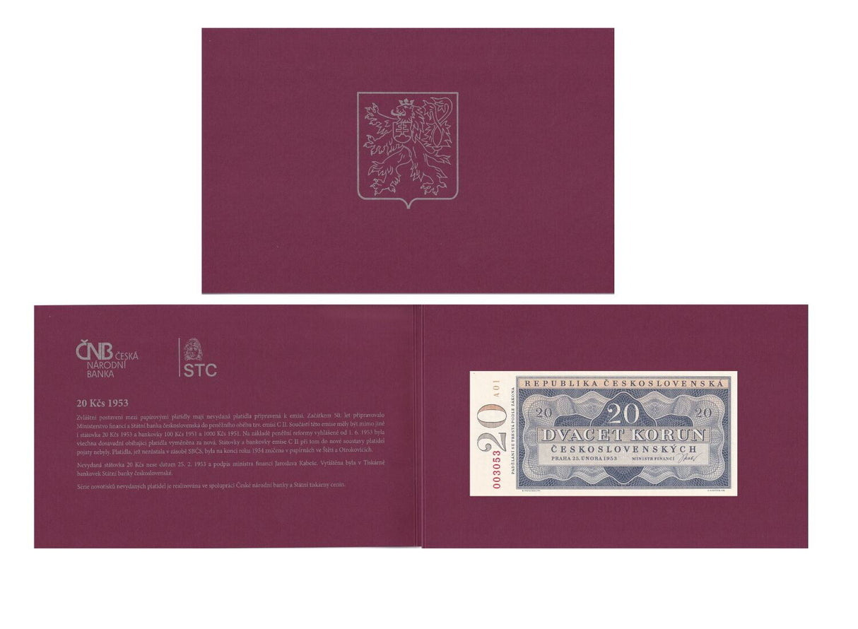 Czechoslovakia 20 Korun 1953 Official Reprint CNB P 72A UNC With Folder