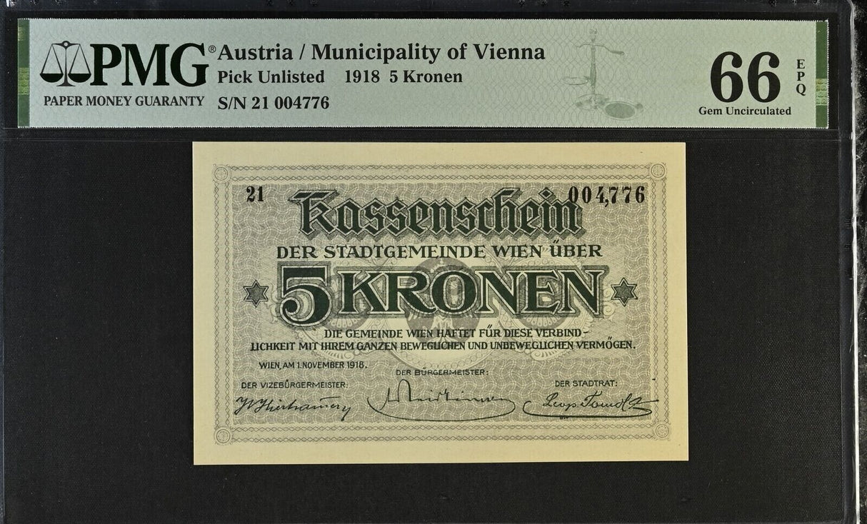 Austria 5 Kronen 1918 Municipality of Vienna Gem UNC PMG 66 EPQ