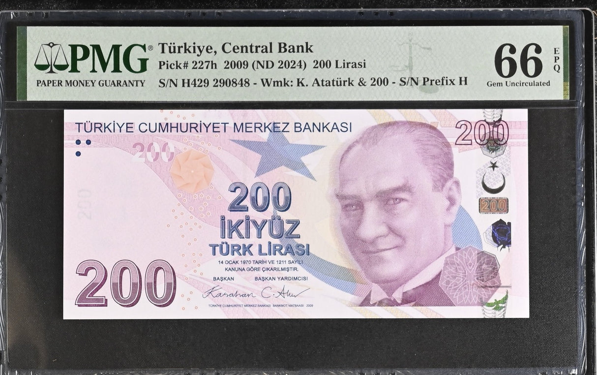 Turkey 200 Lirasi 2009 ND 2024 P 227 Prefix H Gem UNC PMG 66 EPQ
