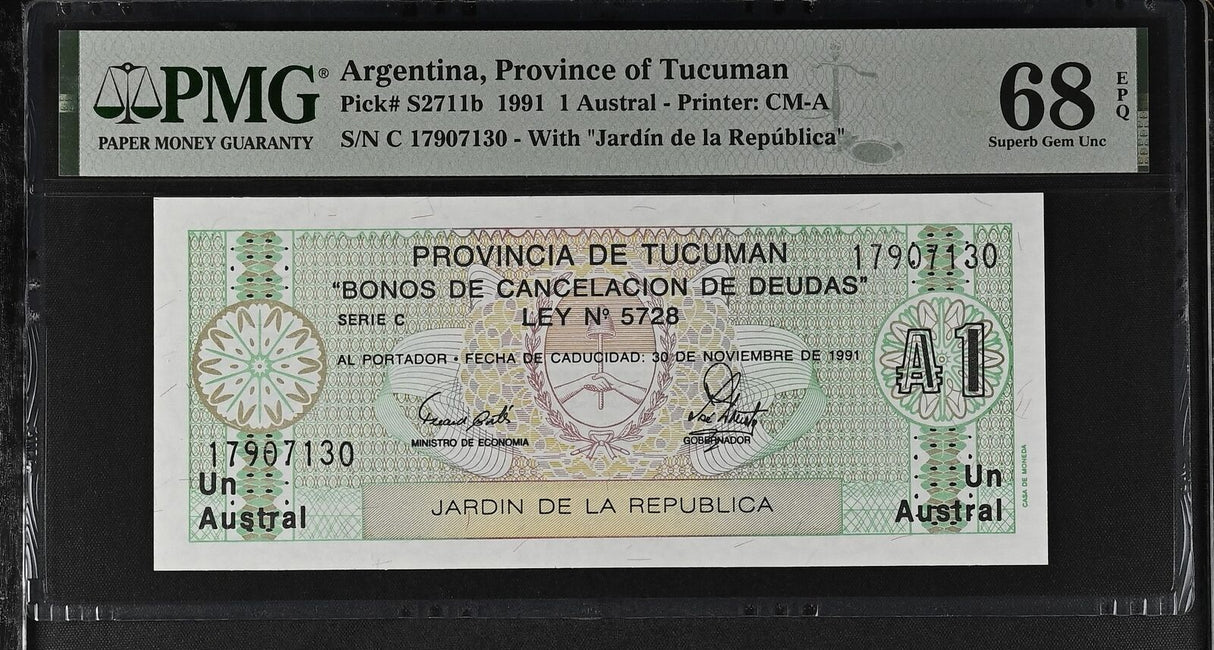 Argentina 1 Austral 1991 P S2711 b Superb Gem UNC PMG 68 EPQ
