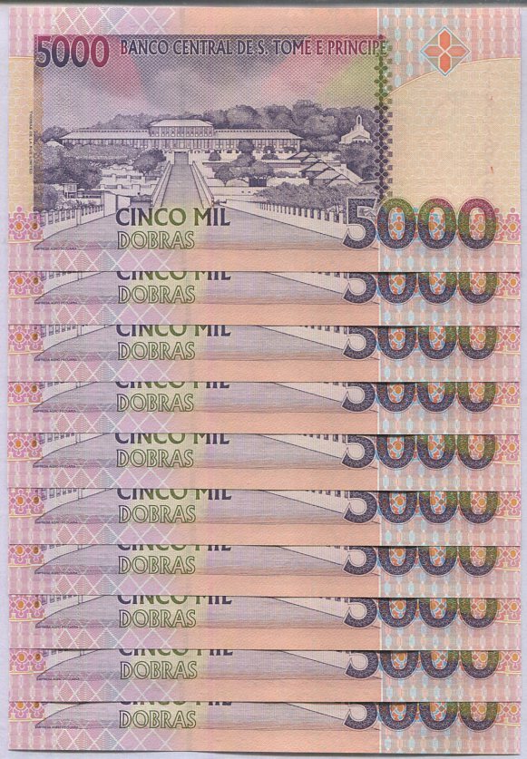 Saint Thomas & Prince 5000 Dobras 1996 P 65 UNC Lot 10 Pcs