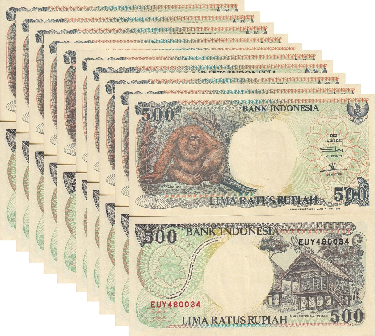 Indonesia 500 Rupiah 1992/Mixed Year P 128 Monkey XF/AU LOT 10 XF/AU Little Tone