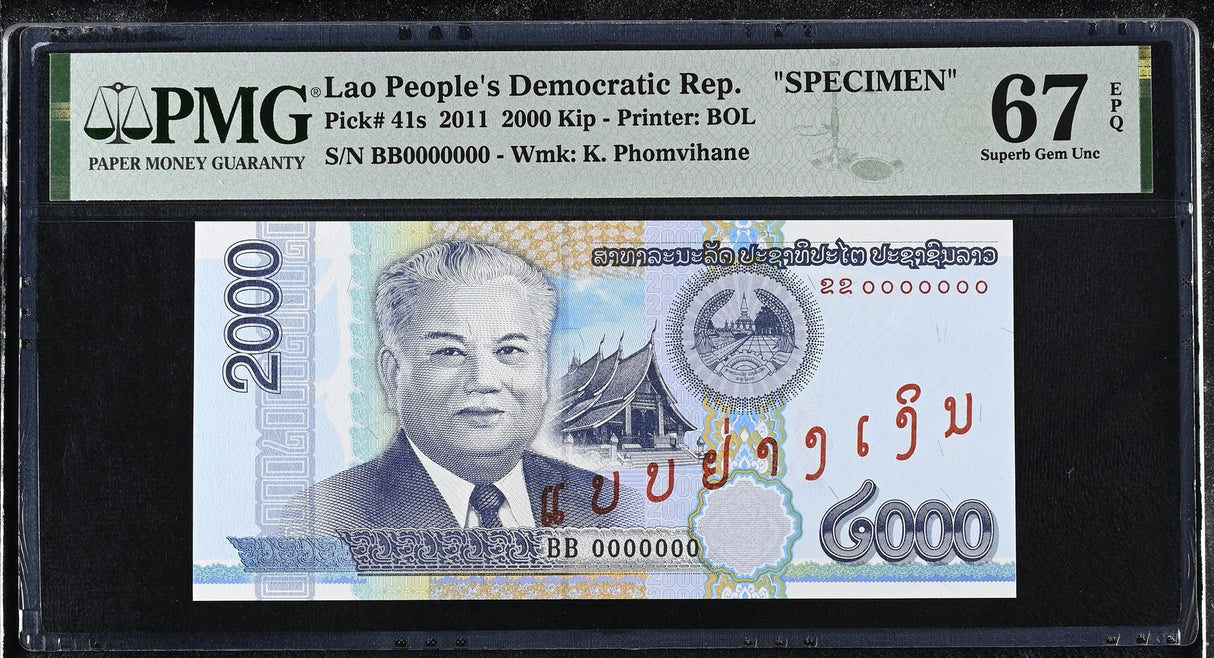 Laos 2000 Kip 2011 P 41 s SPECIMEN Superb Gem UNC PMG 67 EPQ TOP POP