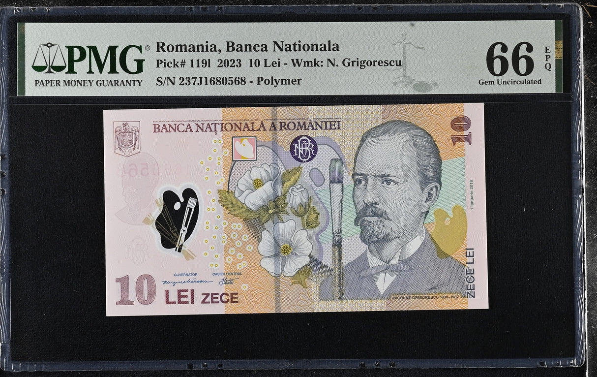 Romania 10 Leu 2023 P 119 I Polymer Gem UNC PMG 66 EPQ