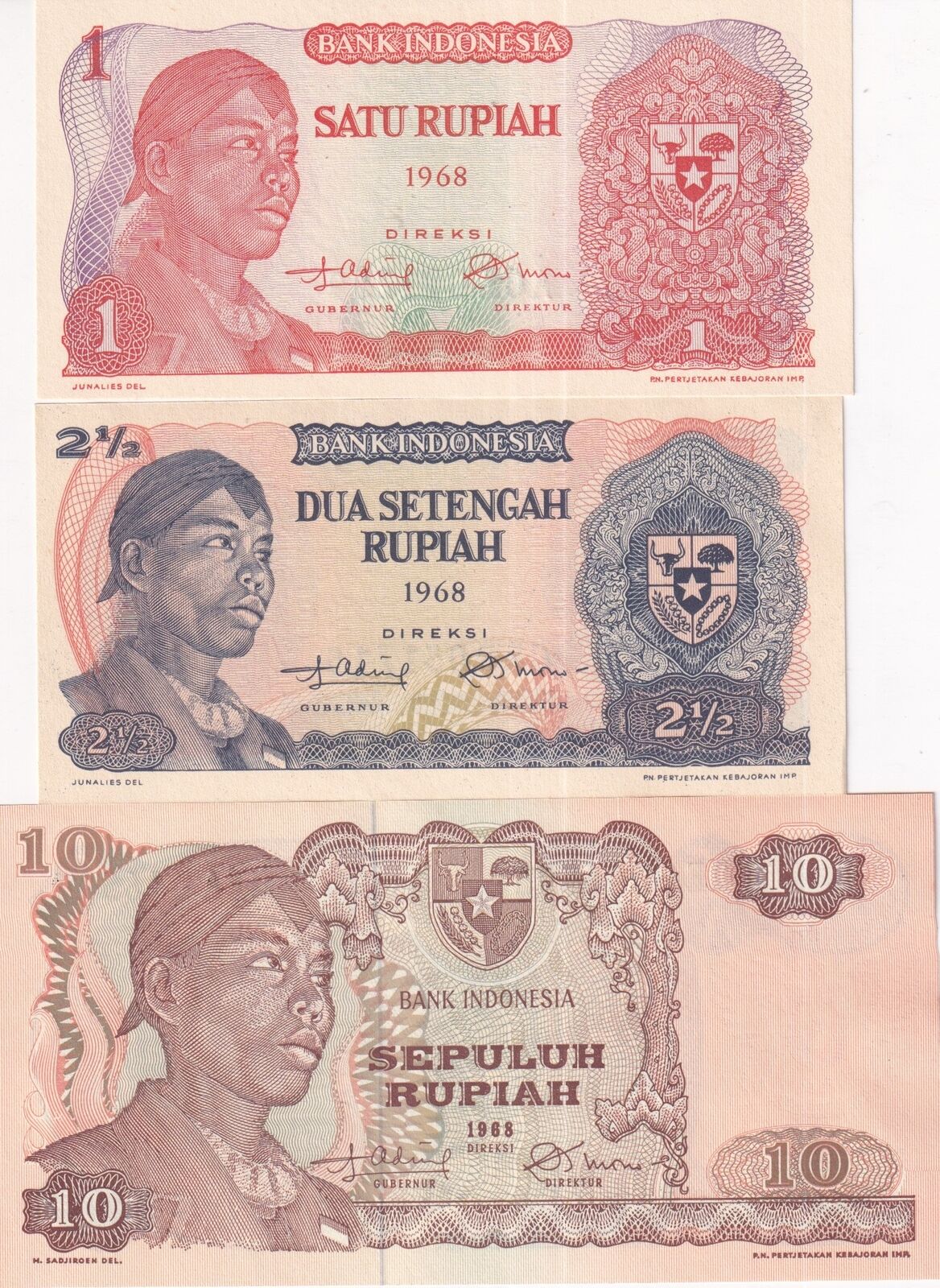 Indonesia Set 3 PCS 1 2 1/2 10 Rupiah 1968 P 102 P 103 P 105 UNC