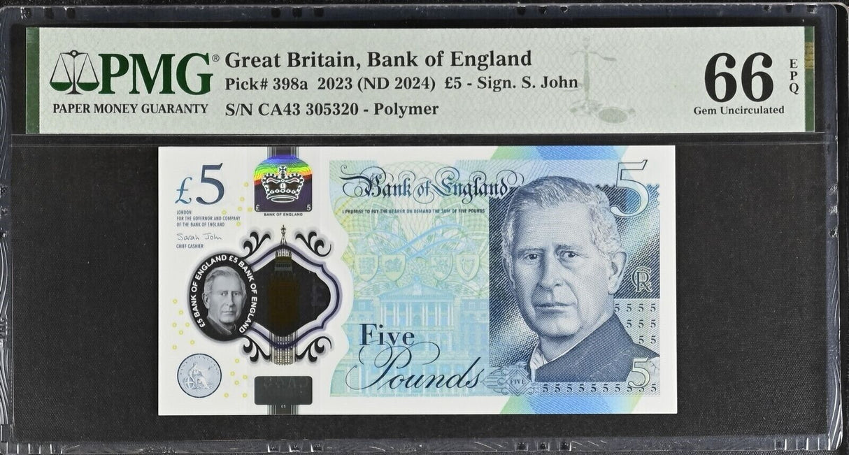 GREAT BRITAIN 5 Pounds 2023 ND 2024 P 398 a Polymer Gem UNC PMG 66 EPQ