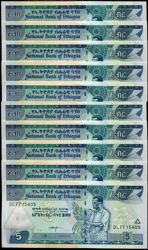 Ethiopia 5 Birr 2009/2017 P 47 h UNC LOT 10 PCS
