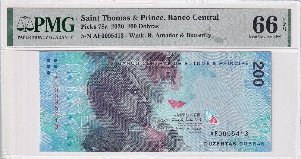 Saint Thomas & Prince 200 Dobras 2020 P 78 a Gem UNC PMG 66 EPQ