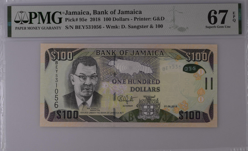 Jamaica 100 Dollars 2018 P 95 e Superb Gem UNC PMG 67 EPQ