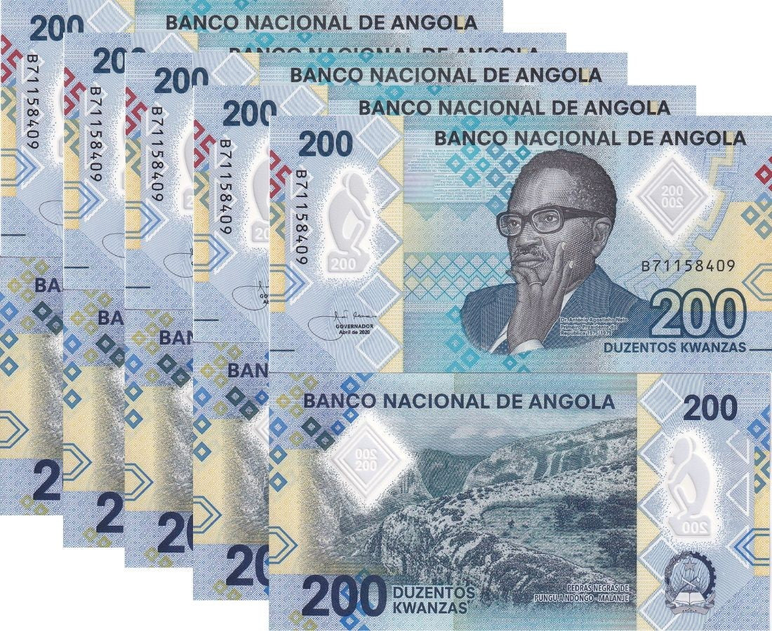 Angola 200 Kwanzas 2020 P 160 Polymer UNC LOT 5 PCS
