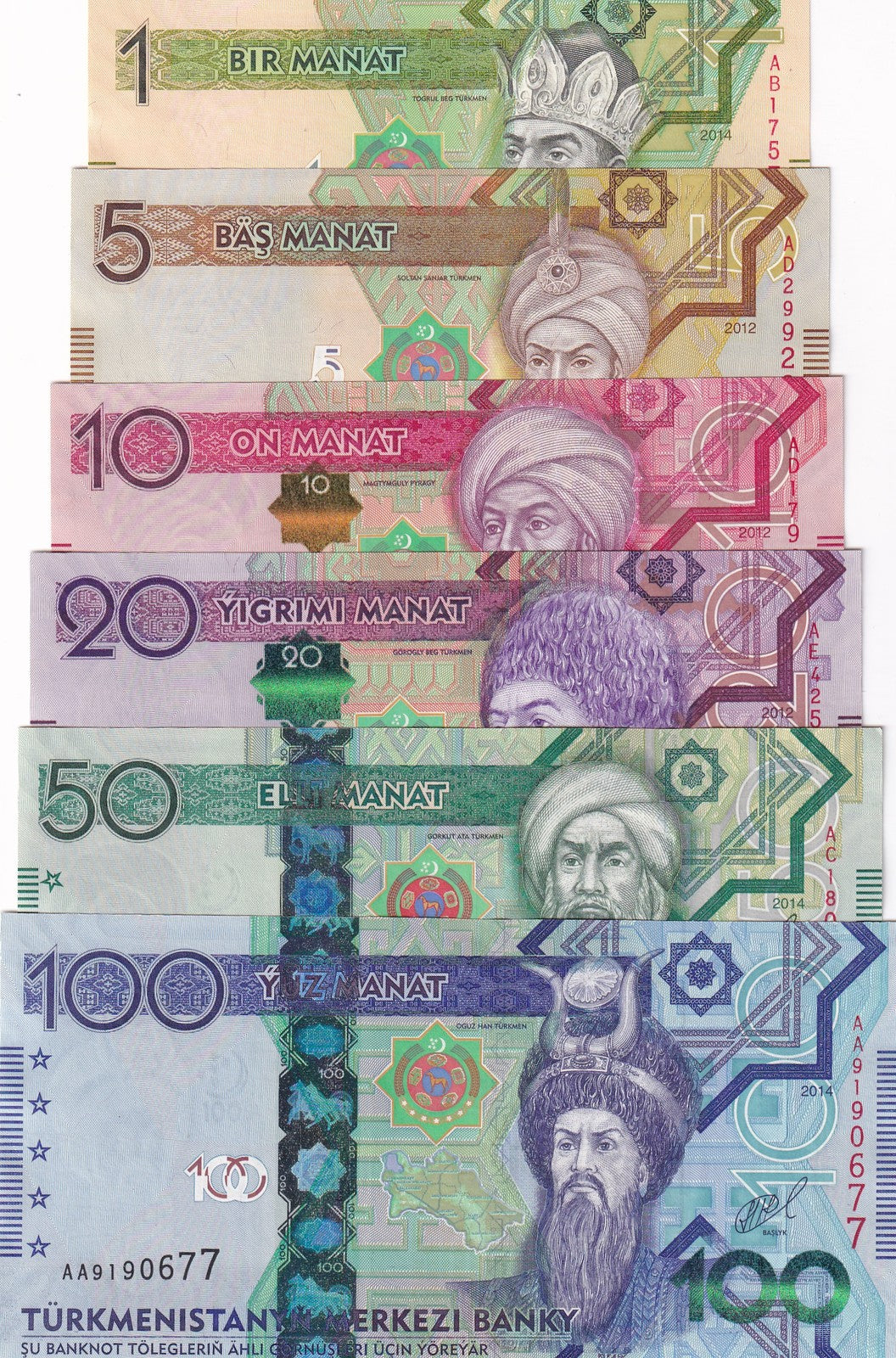 Turkmenistan Set 6 UNC 1 5 10 20 50 100 Manat 2014 P 29 30 31 32 33 34