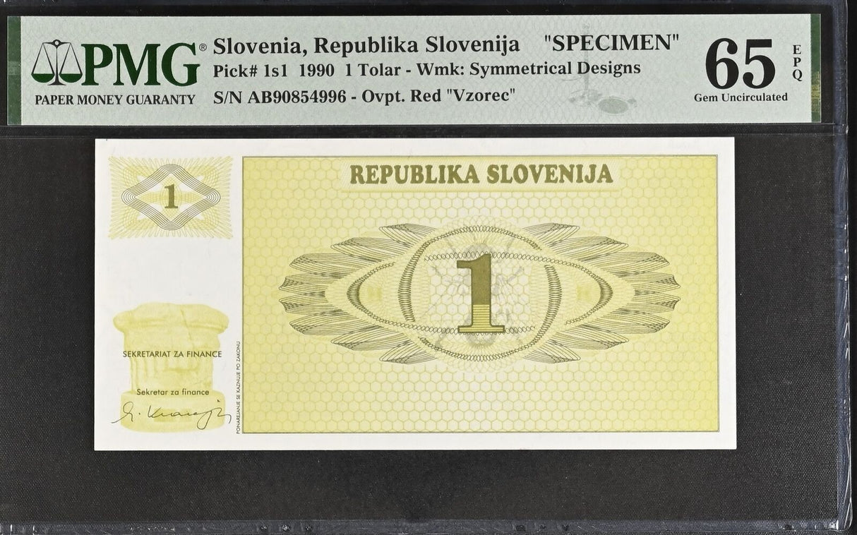 Slovenia 1 Tolar 1990 P 1s1 SPECIMEN GEM UNC PMG 65 EPQ