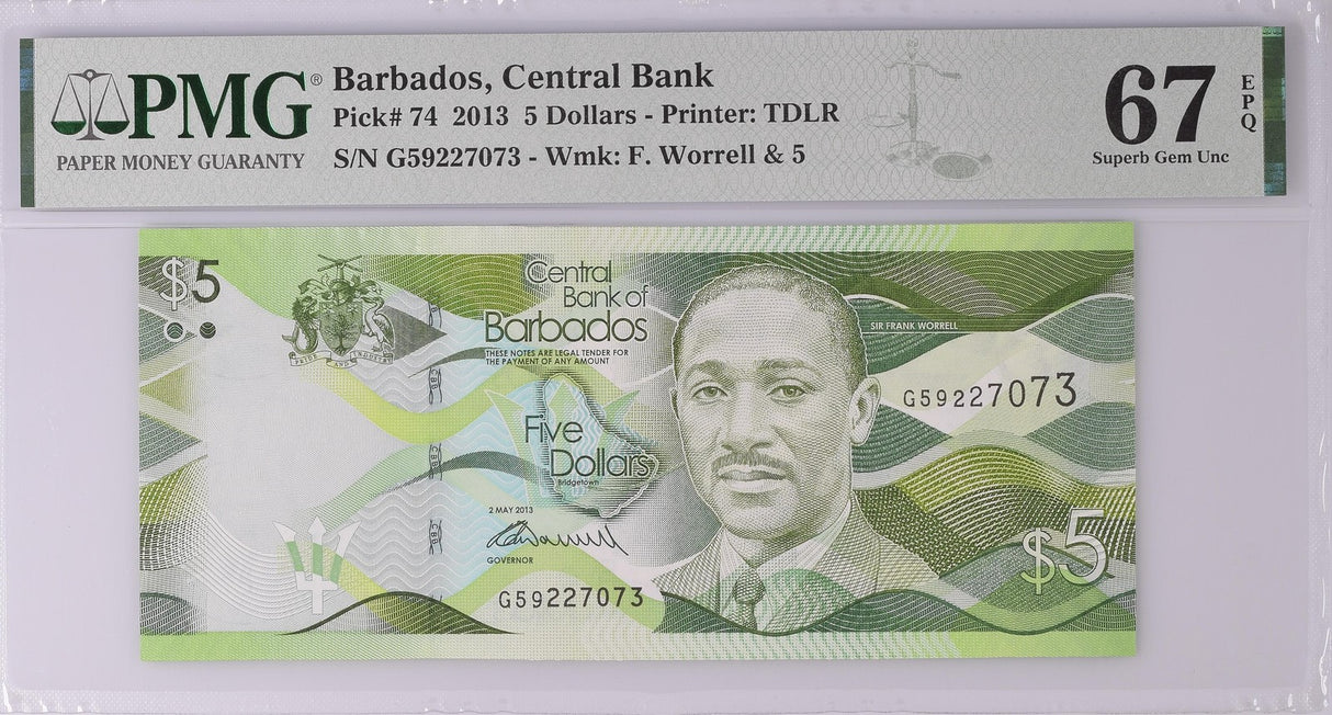 Barbados 5 Dollars 2013 P 74 a Superb Gem UNC PMG 67 EPQ