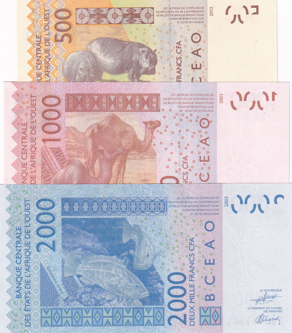 West African States Senegal Set 3 UNC 500 1000 2000 Francs 2024 P 715K 716K 719K