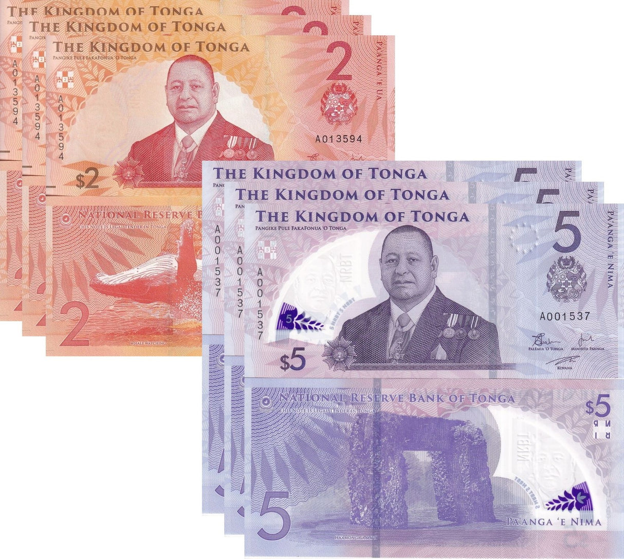 Tonga Set 2 x Lot 3 = 6 UNC 2 (5 Polymer) Pananga 2023 2024 P 50 P 51