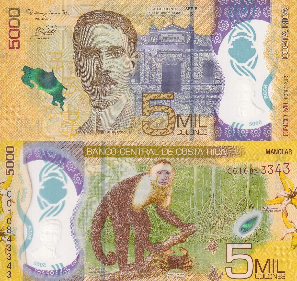 Costa Rica 5000 Colones 2018 ND 2020 P 282 a Polymer AUnc