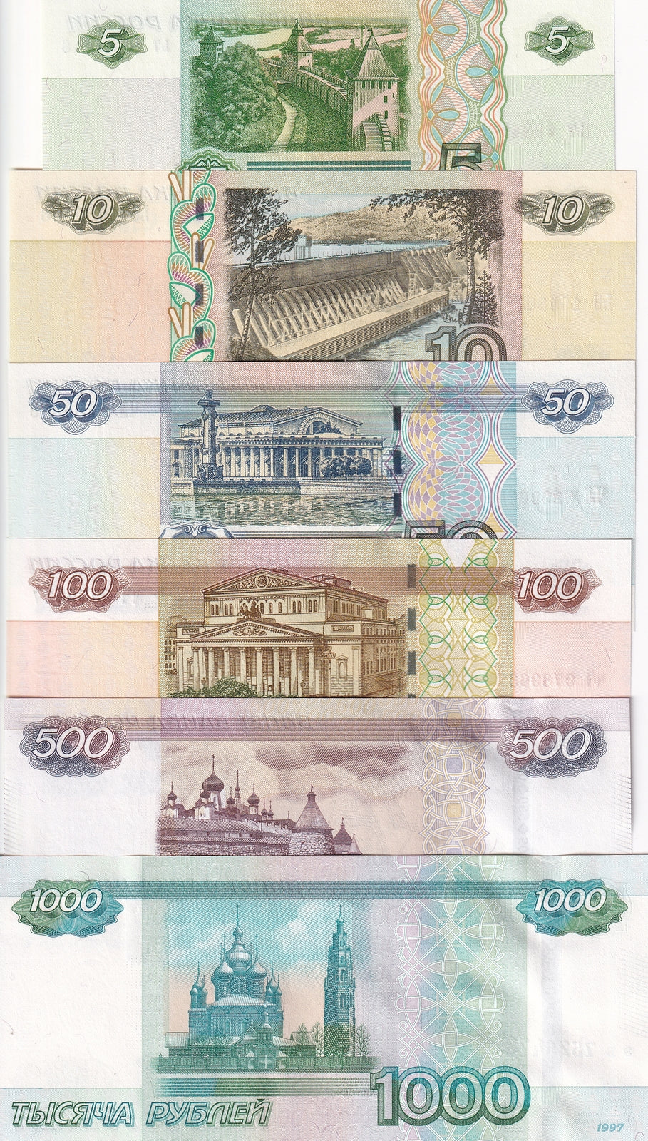 Russia Set 6 Pcs 5 10 50 100 500 1000 Rubles 1997-2022 P 267-270 271 272 UNC
