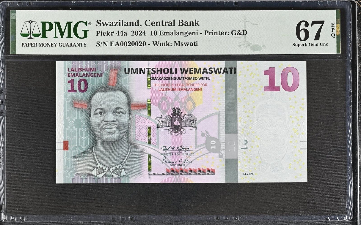 Swaziland 10 Emalangeni 2024 P 44 a EA-0020020 Superb Gem UNC PMG 67 EPQ TOP POP