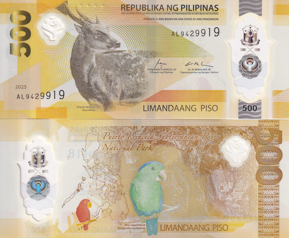 Philippines 500 Piso 2025 Deer ,blue naped parrot Polymer P 240 UNC