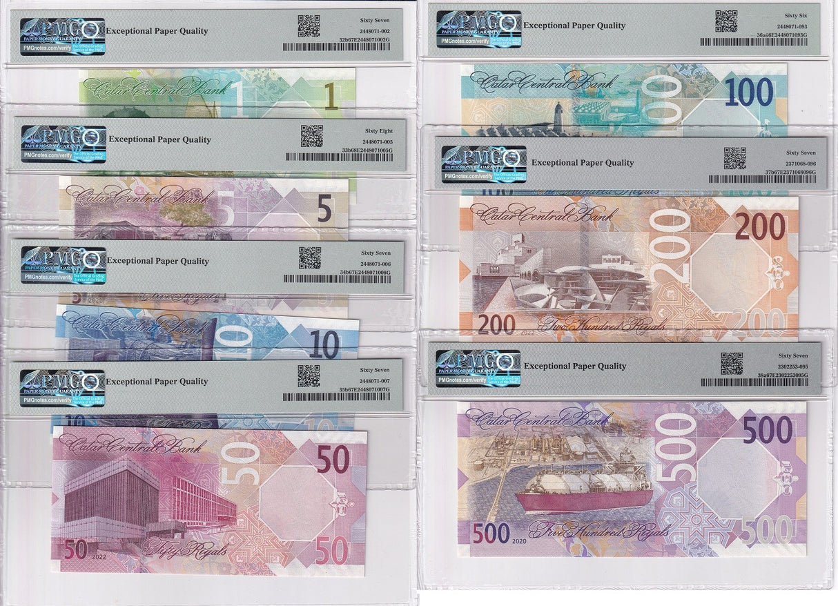 Qatar Set 7; 1-200 500 Riyals 2020-22 P 32 33 34- 38 Superb UNC PMG 66 67 68 EPQ