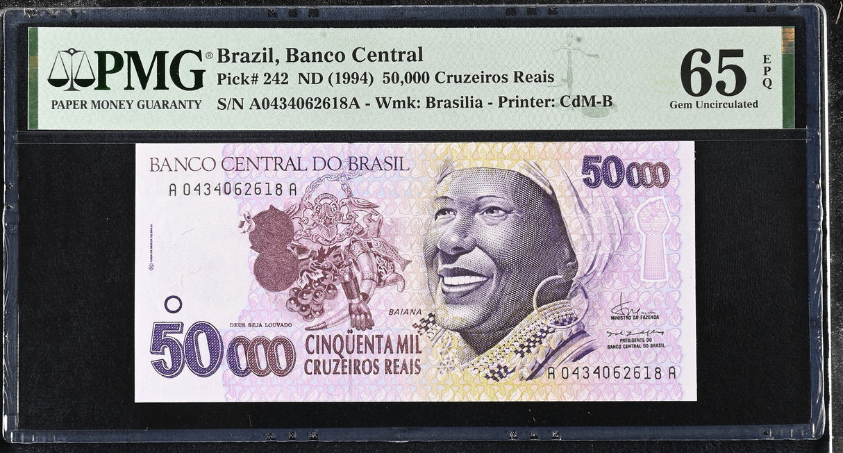 Brazil 50000 cruzeiros ND 1994 P 242 A-A PREFIX Gem UNC PMG 65 EPQ
