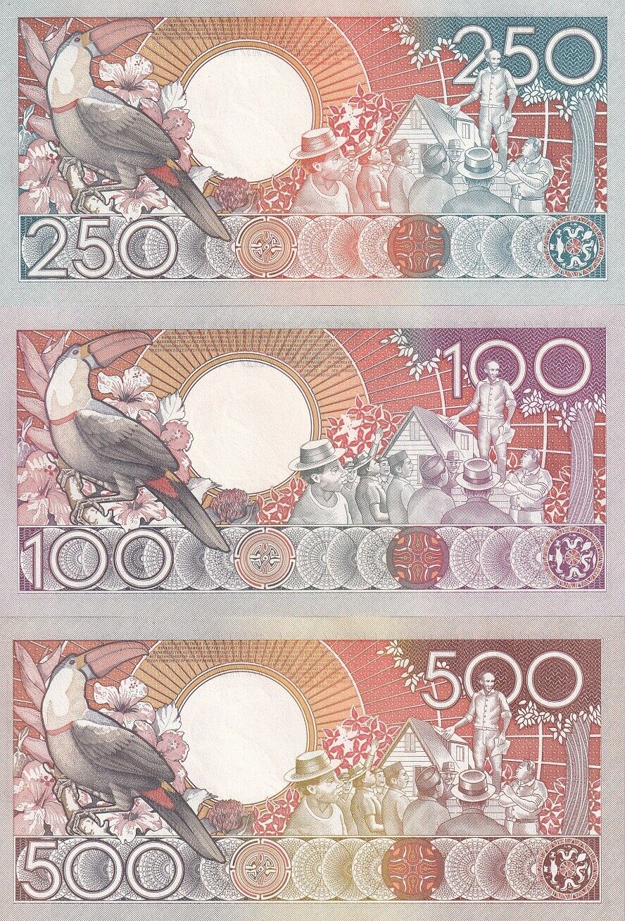 Suriname Set 3 Pcs 100 250 500 Gulden 1986 1988 P 133 P 134 P 135 UNC