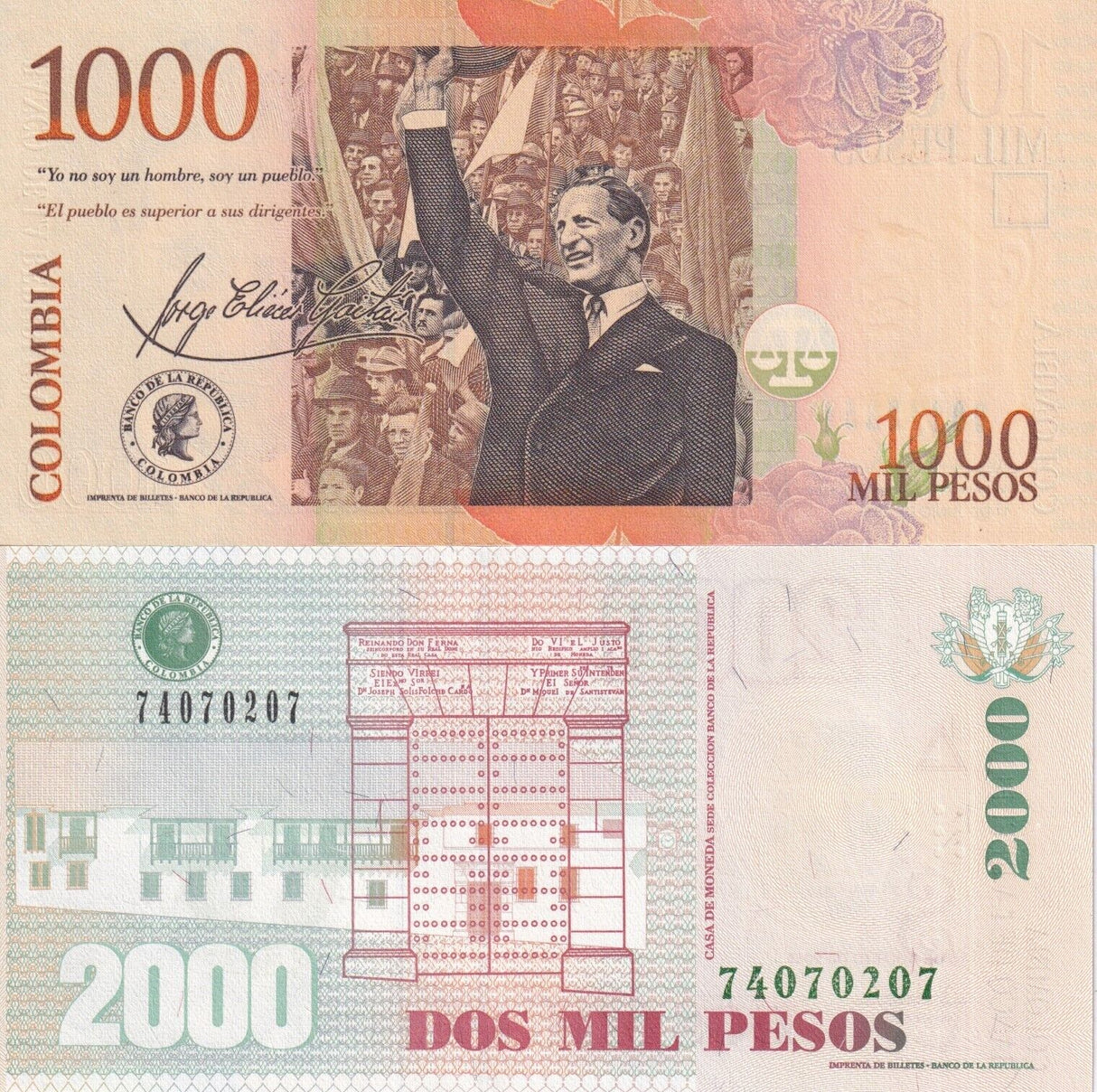 Colombia Set 2 PCS 1000 2000 Pesos Random Year P 456 P 457 UNC