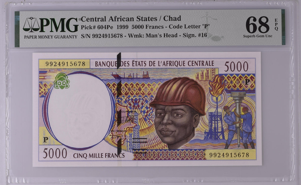 Central African Chad 5000 Francs 1999 P 604Pe Superb Gem UNC PMG 68 EPQ
