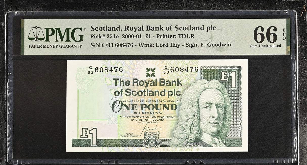 Scotland 1 Pound 2001 P 351 e Gem UNC PMG 66 EPQ
