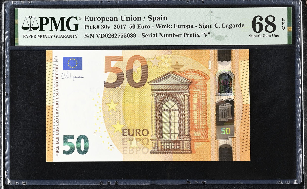 Euro 50 Euro Spain 2017 P 30 v Superb Gem UNC PMG 68 EPQ