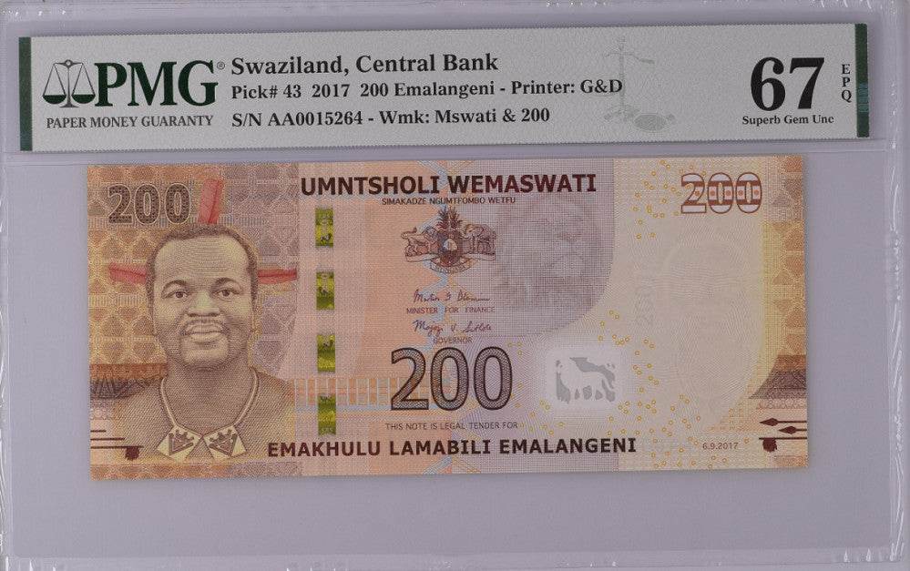 Swaziland 200 Emalangeni 2017 P 43 Superb Gem UNC PMG 67 EPQ