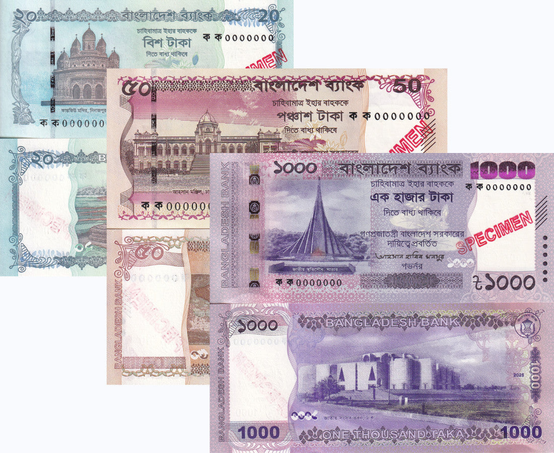 Bangladesh set 3 UNC 20 50 1000 Taka 2025 P 77 78 82 SPECIMEN