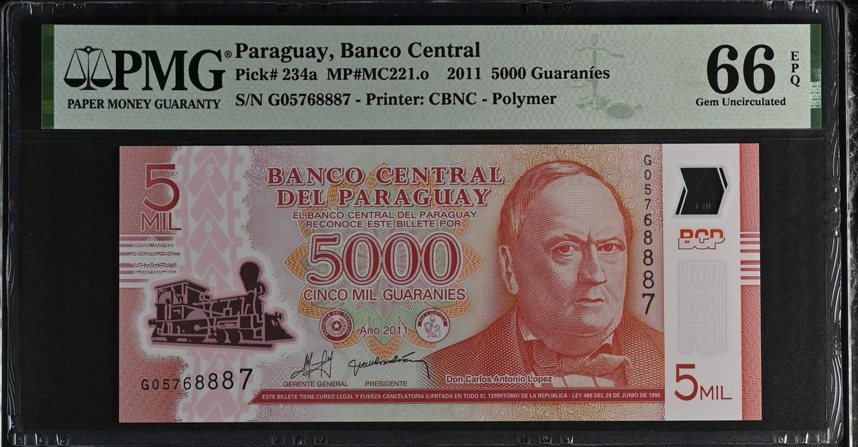 Paraguay 5000 Guaranies 2011 P 234 a Polymer Gem UNC PMG 66 EPQ