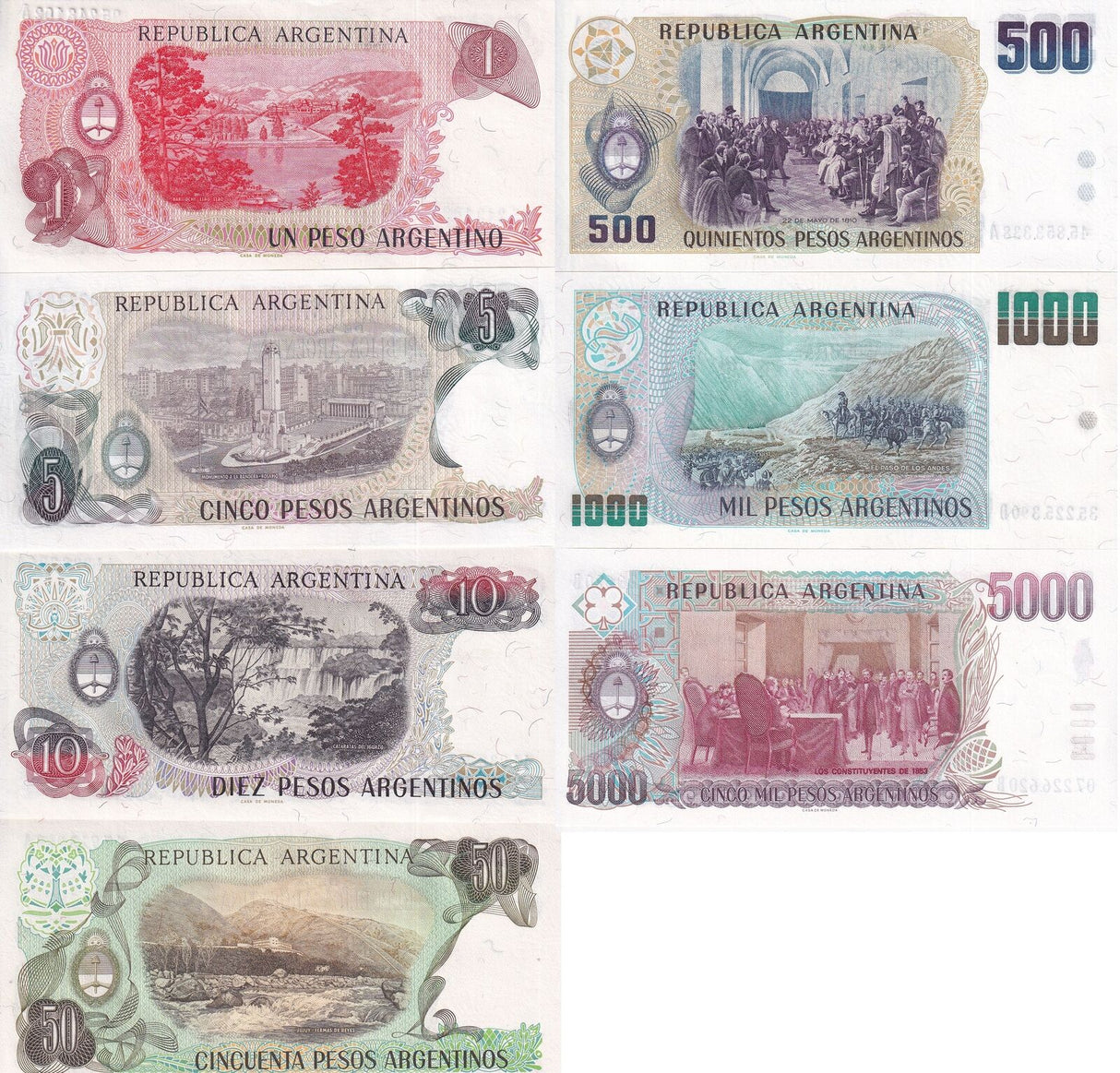 Argentina Set 7 Pcs 1 5 10 50 100-5000 Pesos ND 1983-1985 P 311-318 UNC