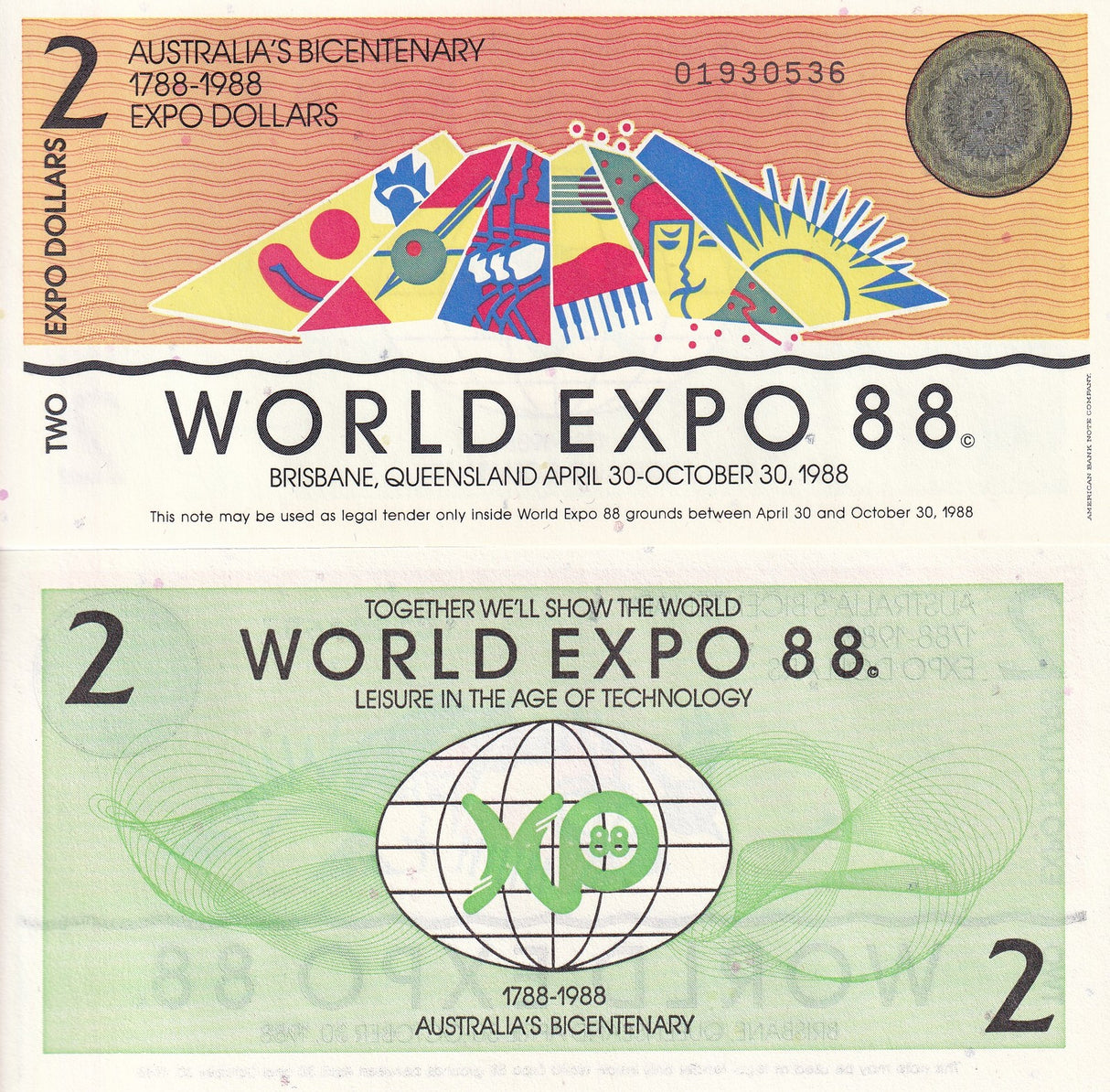 Australia 2 WORLD EXPO 1988 Bicentenary 1788-1988 Brisbane Queensland UNC