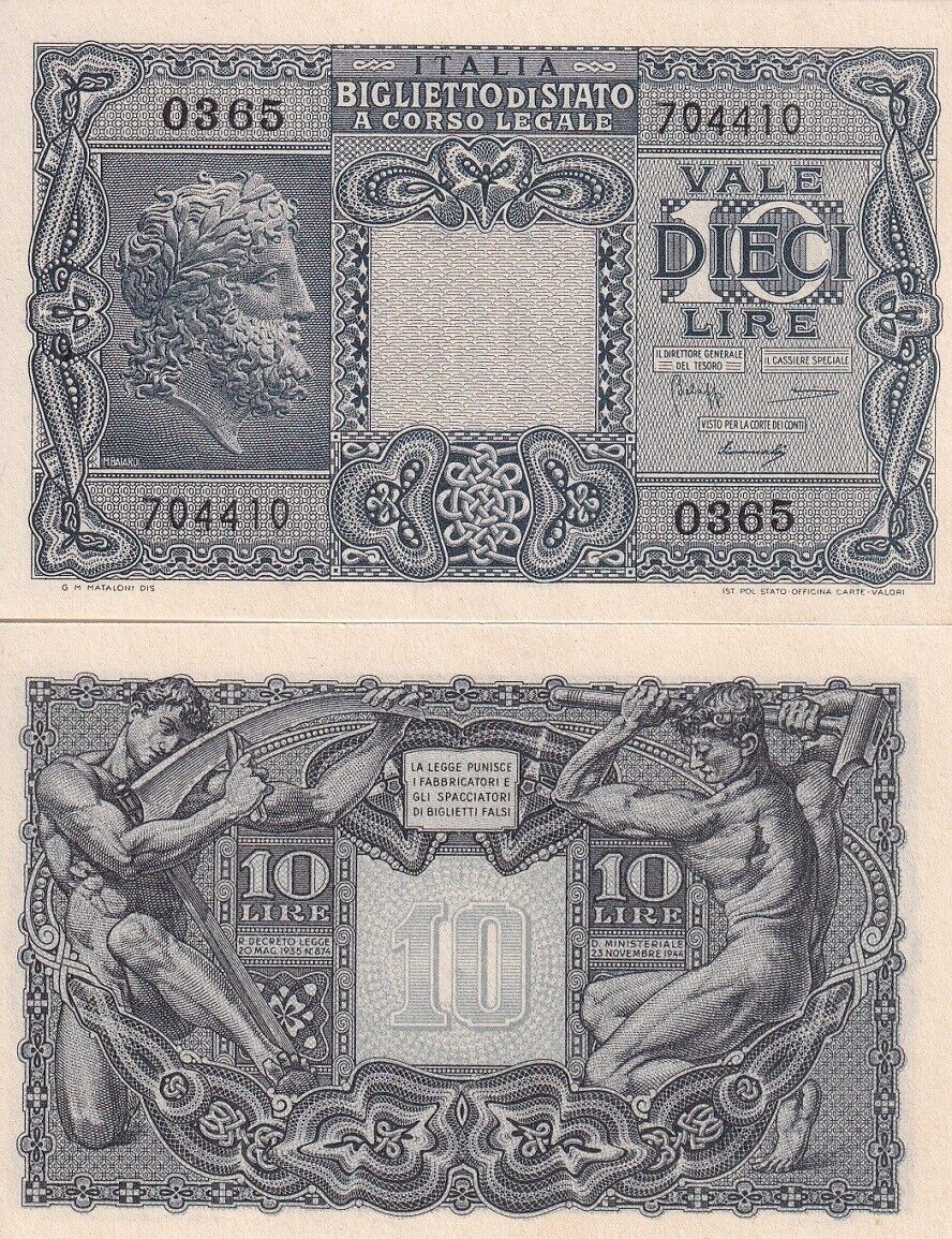 Italy 10 Lire 1944 P 32 b Sign Bolaffi Simoneschi Giovinco UNC