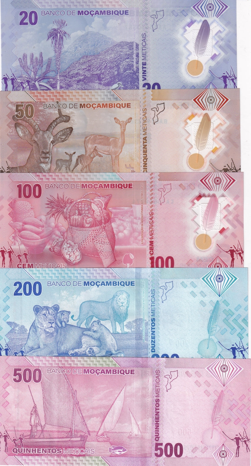Mozambique set 5 UNC (20 50 100 Polymer) 200 500 Meticais 2024 P 155 - 159