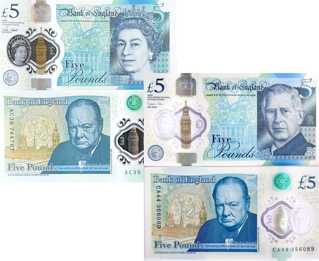 Great Britain Set 2 UNC 5 Pound 2015 & 2023 P 394 398 Polymer QEII King Charles
